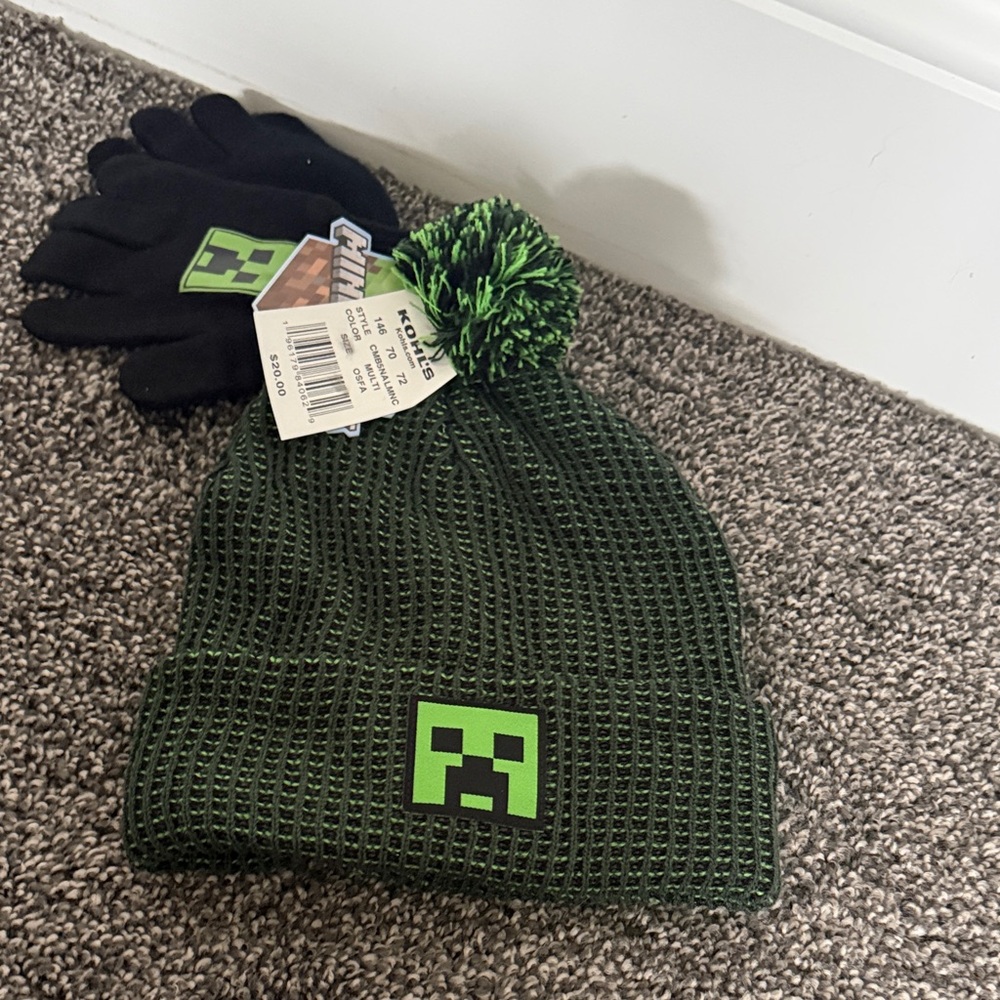 Kids Green Pom Beanie Hat with Creeper Patch